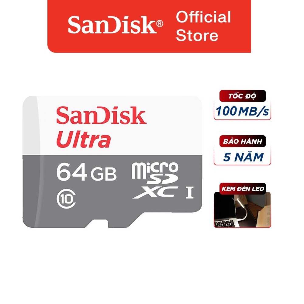 Thẻ nhớ micro SDXC Sandisk 64GB upto 100MB/s 533X Ultra UHS-I kèm đèn LED USB