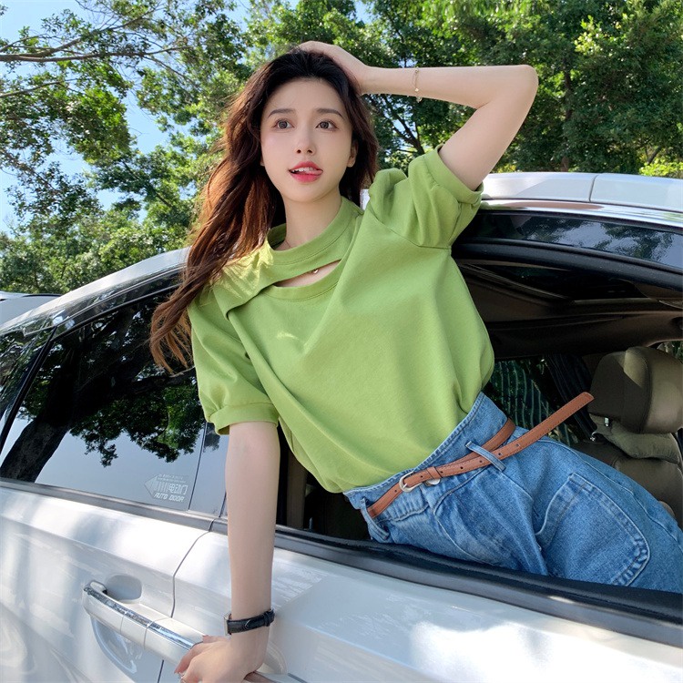 IELGY  Áo Thun Ngắn Tay Hở Xương Quai Xanh Đơn Giản Thời Trang Cho Nữ