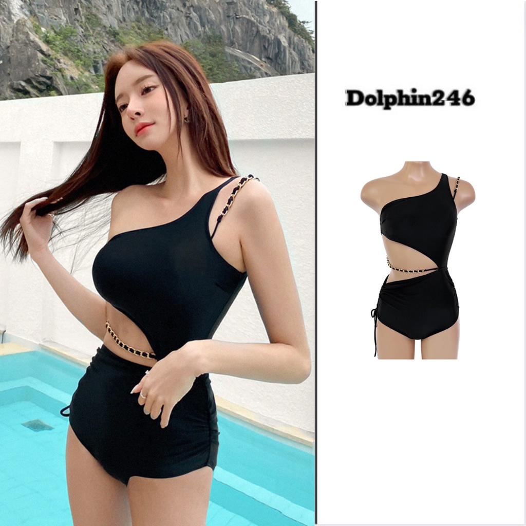 Bikini 1 mảnh liền thân đồ bơi đi biển kiểu lệch vai khoét eo phối dây xích quần cạp cao che bụng rút dây hông 2723 D-7