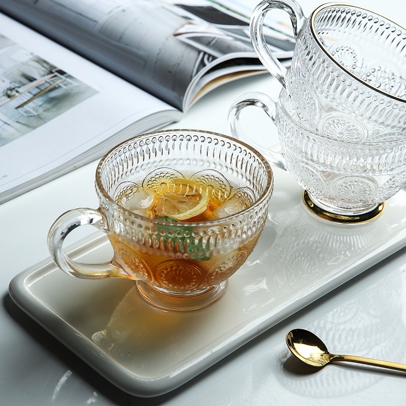 Tách cốc ly thủy tinh pha trà có quai viền vàng phong cách Vintage 400ml