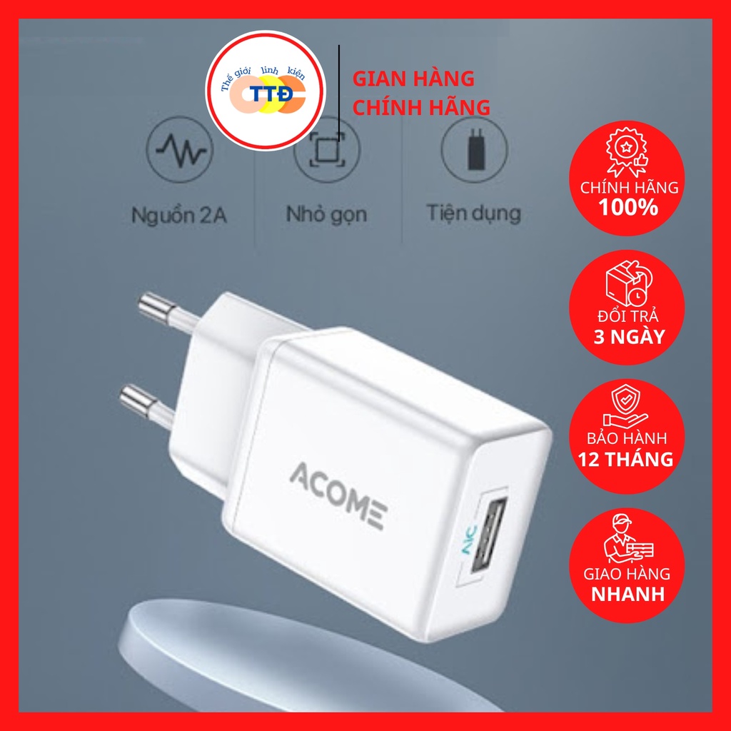 Cục sạc nhanh 10w Acome AC04, Củ sạc nhanh 10w hàng chính hãng Acome AC04, Sạc nhanh điện thoại chính hãng 10w Acome