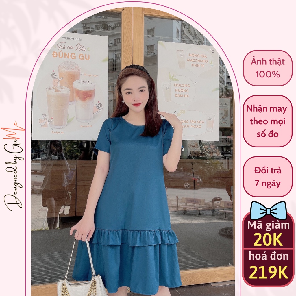 Váy bầu bigsize - Đầm bầu thiết kế GuMe 2 màu xan, đen dáng suông bèo tầng chất vải chéo hàn size từ 40-100kg MB234