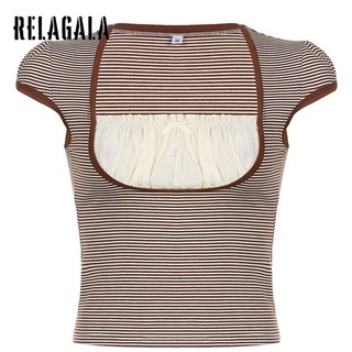 Áo thun ngắn tay dệt kim cổ vuông thời trang RelaGala dành cho nữ