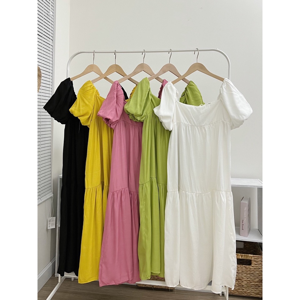 Váy Bầu tay bồng✨đuôi cá dáng dài✨ảnh thật cận chất shop tự chụp✨mặc được 2 kiểu✨chất đũi hàn siêu mát phù hợp mùa hè