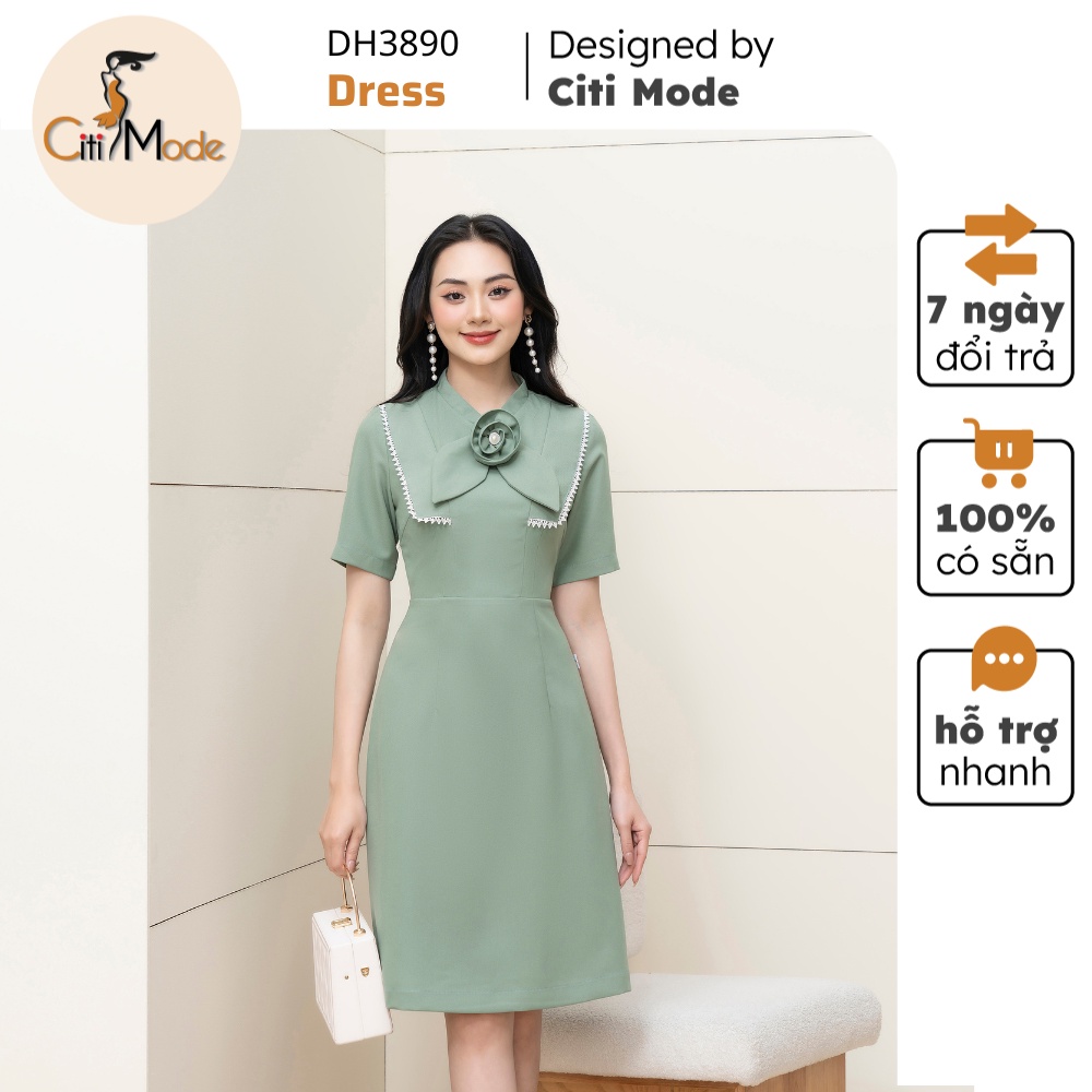 Đầm công sở CITI MODE FASHION thiết kế dáng A xanh đính hoa ngực DH3890