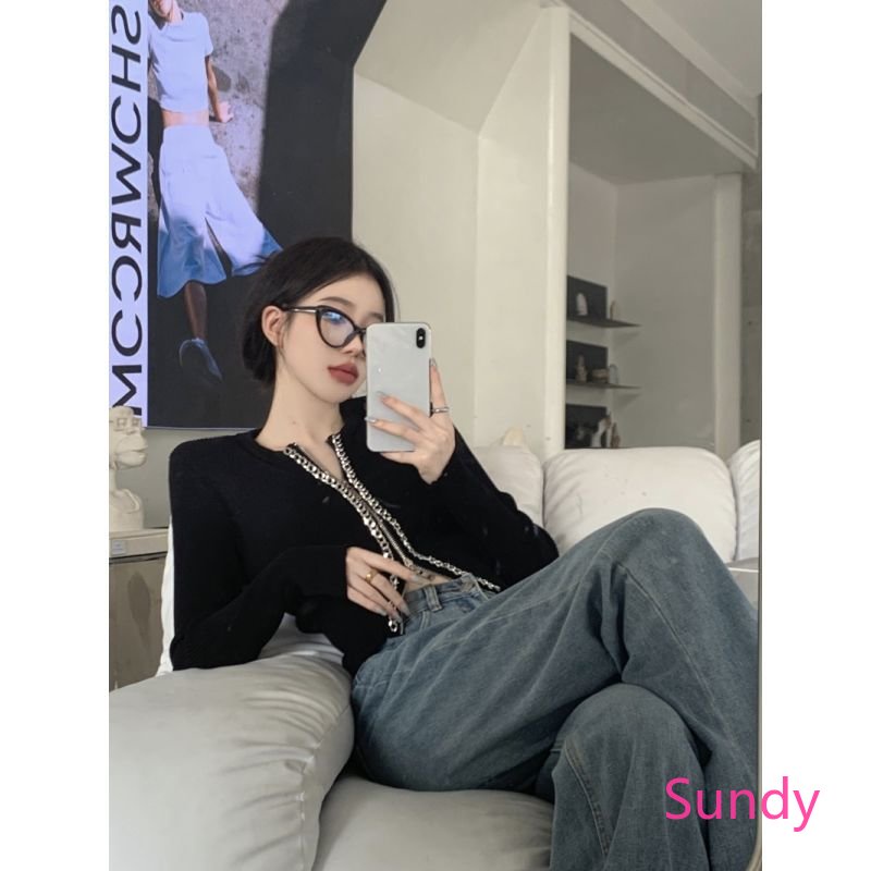 Áo Khoác Cardigan Dài Tay Phối Khóa Kéo Đôi Màu Đen Thời Trang Mùa Xuân Hàn Quốc Cho Nữ