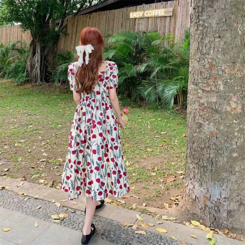 Đầm XINLANYASHE tay ngắn in hoa hồng thời trang mùa hè 2023 dành cho nữ