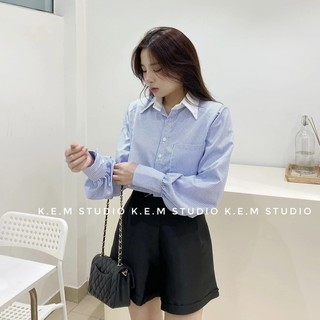 Áo sơ mi kẻ xanh pha cổ trắng chất mềm mát