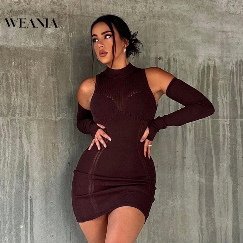 Đầm Dệt Kim Màu Trơn Dáng Ôm Xuyên Thấu Có Tay Áo Gợi Cảm Cho Bạn Gái