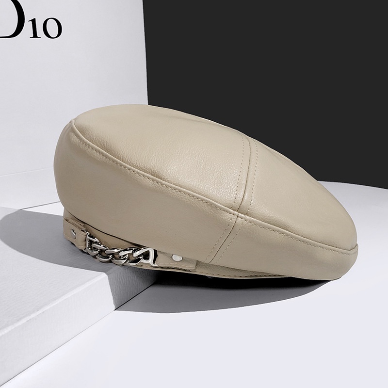 Mũ beret Da pu Cao Cấp Phối Dây Xích Phong Cách Anh Quốc Nhật Hàn Cho Nam Nữ