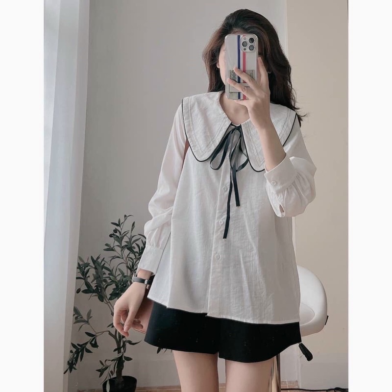 Áo Sơ Mi Trắng Cổ Bèo Croptop dài tay tôn dáng siêu sang kèm ảnh thật.