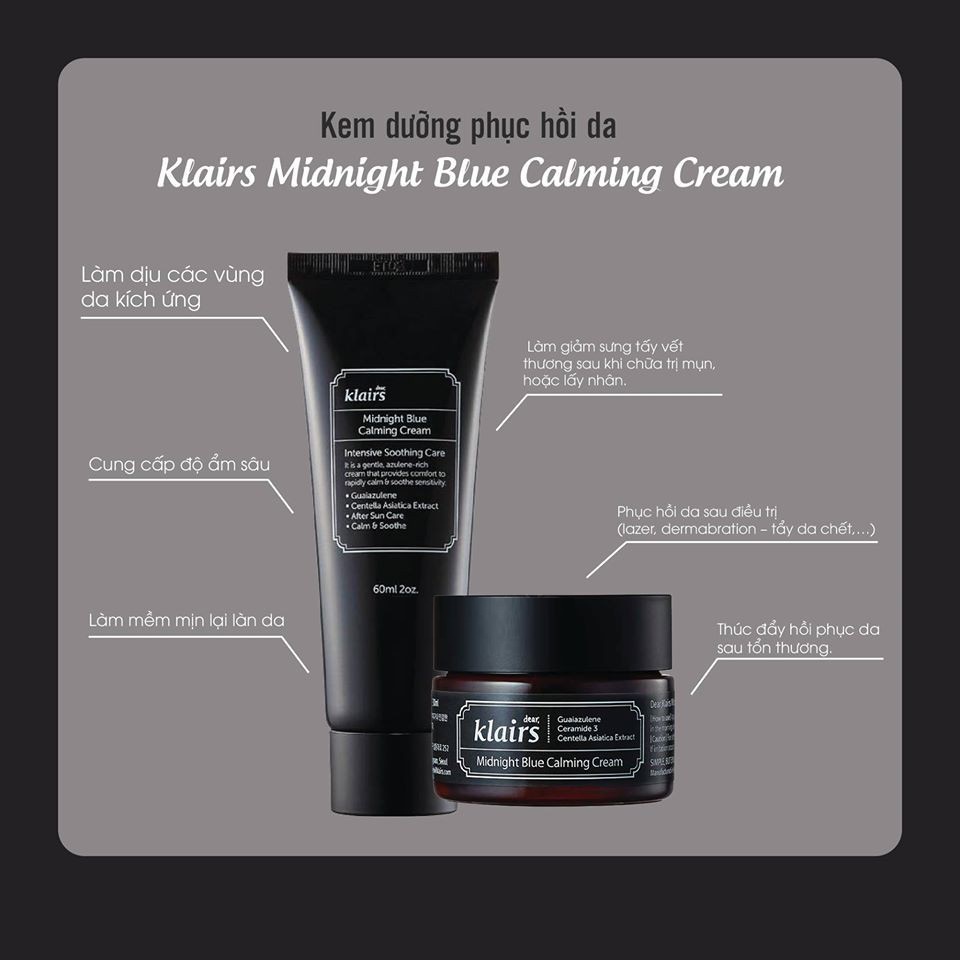 Kem dưỡng phục hồi da ban đêm Klairs Midnight Blue Calming Cream hộp 30g và tuýp 60ml