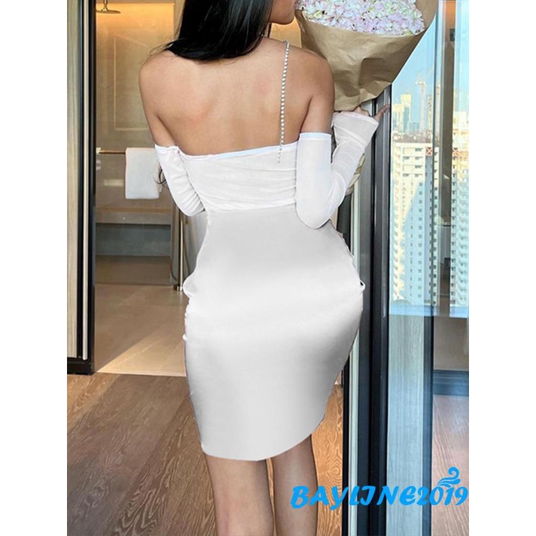 Đầm Ngắn Ôm Dáng Tay Dài Hở Vai Màu Trơn Dành Cho Nữ Đi Biển Mùa Hè