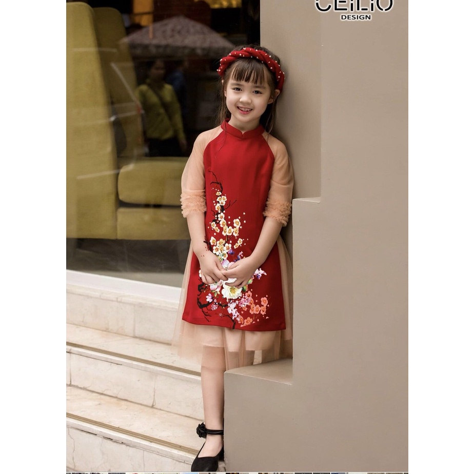 ADB1728 Set áo dài cách tân bé cổ trụ in hoa tay phối ren lưới tầng