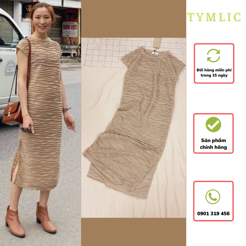 Đầm Midi Cổ Tròn Nhún Màu Be TYMLIC