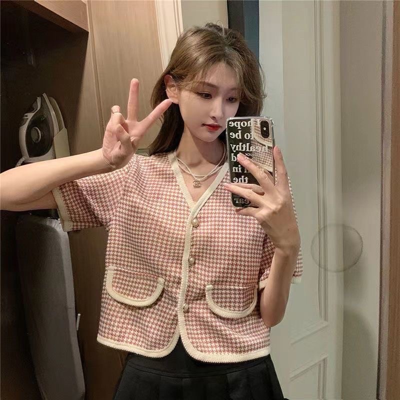 Áo dạ tweed mỏng ngắn tay cúc ngọc thời trang xuân hè dành cho nữ