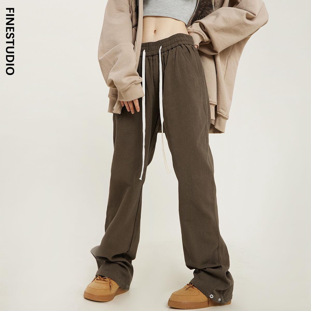 Quần Dài Ống Rộng Lưng Thun Nhiều Túi Màu Đen Phong Cách Mỹ Cho Nam Nữ