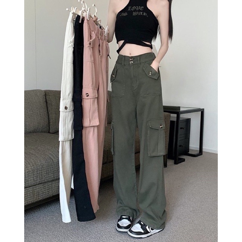Quần ống rộng kaki túi hộp cargo pants unisex nam nữ 3 màu trắng, đen, rêu siêu hot