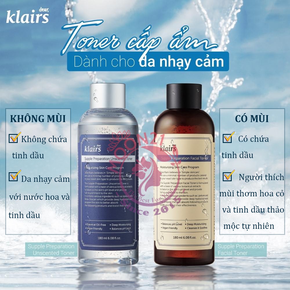Toner Klairs Không Mùi MOON21 Nước Hoa Hồng Klairs Supple Preparation Unscented 180ml cho da nhạy cảm