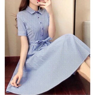 Đầm sọc xanh nơ eo (kèm hình thật)