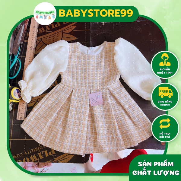 Váy dạ kẻ tay lưới hạt hai lớp cho bé gái 7-32kg mặc dự tiệc, đi học cực mềm mịn dễ chịu