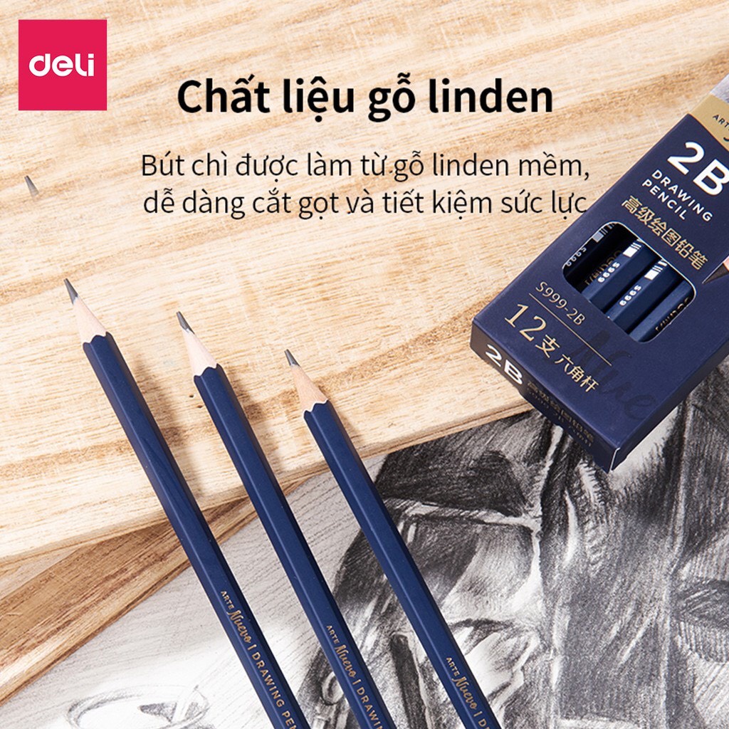 Bút chì  Deli - 2B - Vẽ tranh mỹ thuật họa chân dung - 1 chiếc S999