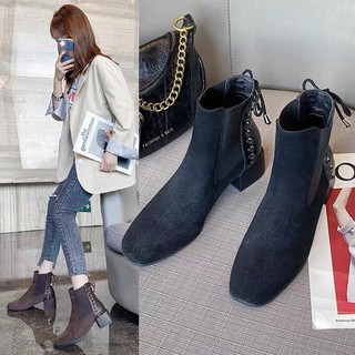 (ORDER) Bốt cổ ngắn da lộn phối chun len buộc dây BIG SIZE 35-40 - Ảnh thật