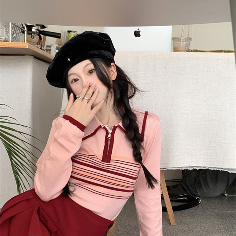 IELGY  Áo sweater Dệt Kim Cổ polo Kẻ Sọc Màu Sắc Tương Phản Ngọt Ngào Cho Nữ