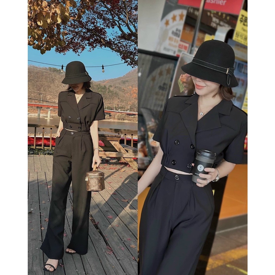 Sét Bộ Vest Đi Tiệc, Đồ Bộ Kiểu Nữ Áo Croptop Đính Nút, Quần Ống Rộng, Sét Đi Chơi Đi TIỆC