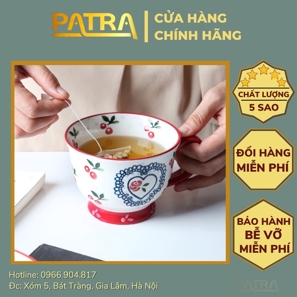 Cốc có quai cỡ lớn 350ml hoạ tiết cherry phong cách Bắc Âu (dáng loe)