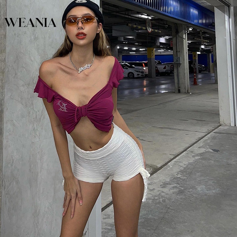 Weania Ins Áo Croptop Hở Lưng Cột Dây Cổ Chữ V Phối Đá Lấp Lánh Phong Cách Nóng Bỏng Cho Nữ