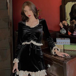 [ ORDER ] Set áo dây rút ngực tay dài và váy bèo nhung ulzzang