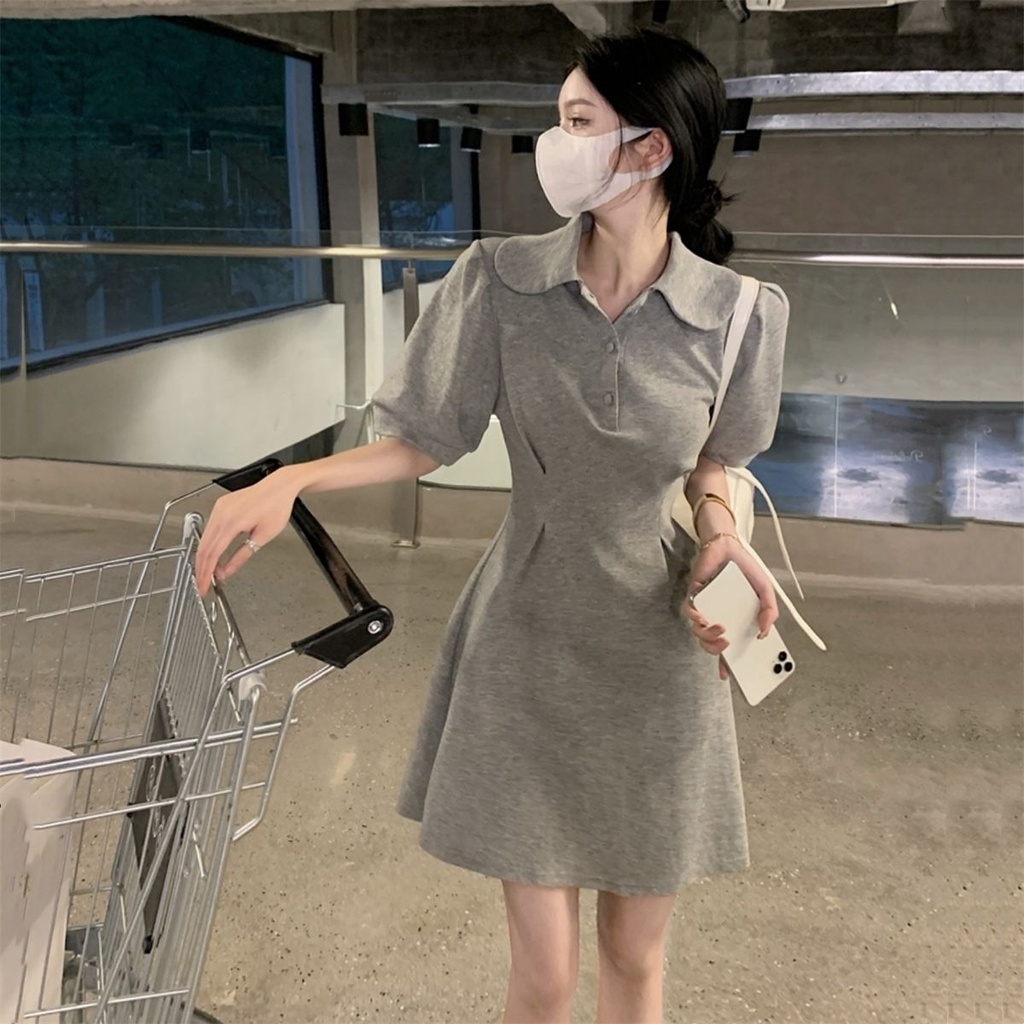 Đầm Ngắn Tay Phồng Cổ Bẻ Thời Trang Hong Kong Cho Nữ