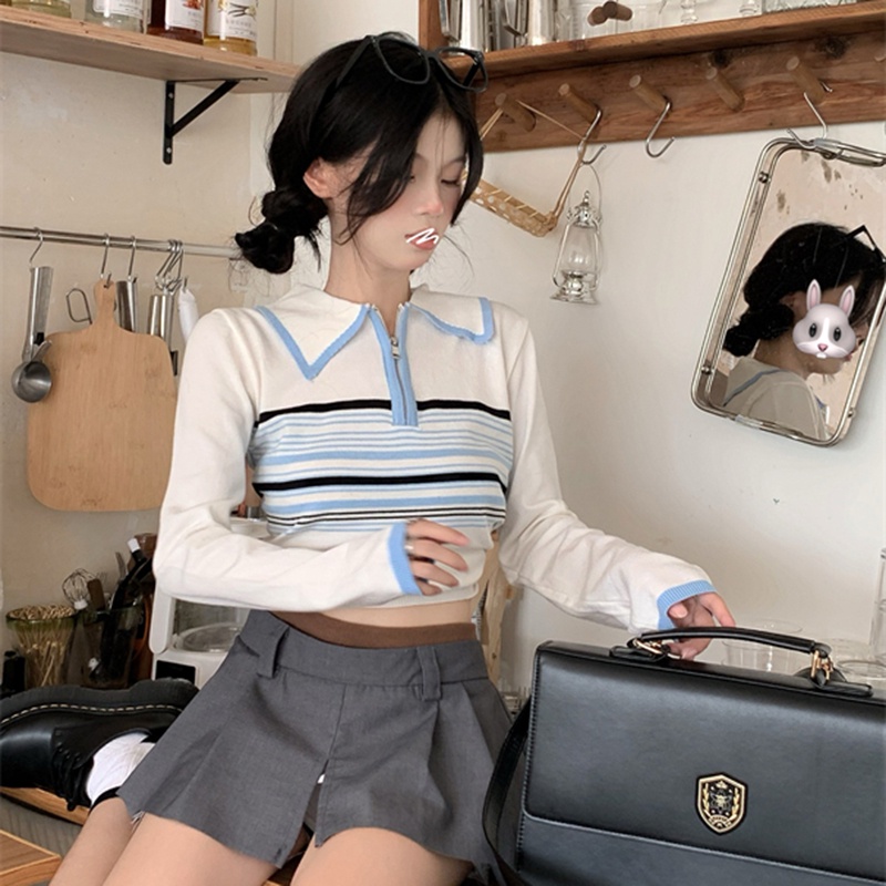 IELGY  Áo sweater Dệt Kim Cổ polo Kẻ Sọc Màu Sắc Tương Phản Ngọt Ngào Cho Nữ