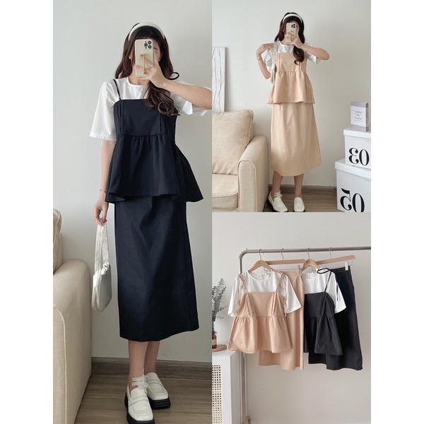 Sét áo peplum chân váy midi dáng dài hai màu cực xinh phong cách Ulzzang, thời trang nữ YUNA_SET004