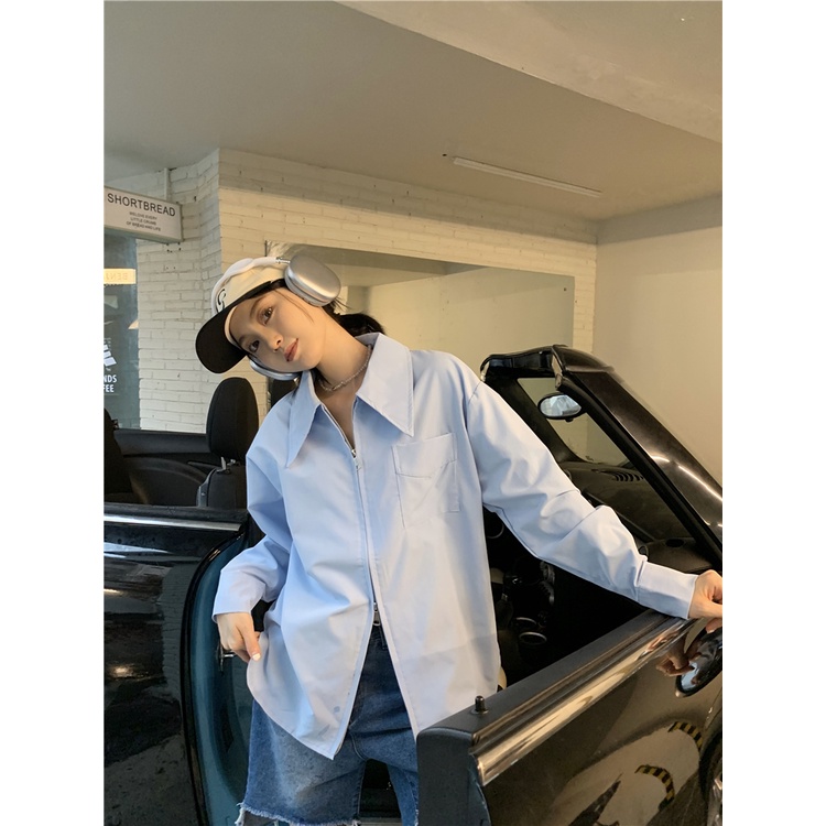 Áo Sơ Mi Trắng Tay Dài Có Khóa Kéo Dáng Rộng Kiểu Pháp Thời Trang Mùa Xuân Cho Nữ