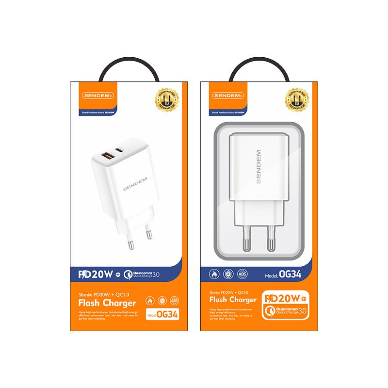 Củ sạc nhanh 2 cổng Sendem OG34 chuẩn Châu Âu PD20W