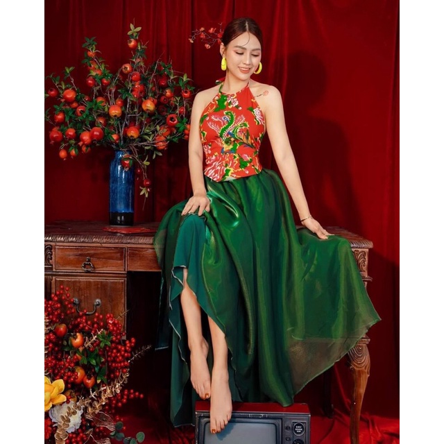 Set áo hoạ tiết váy lưới kính