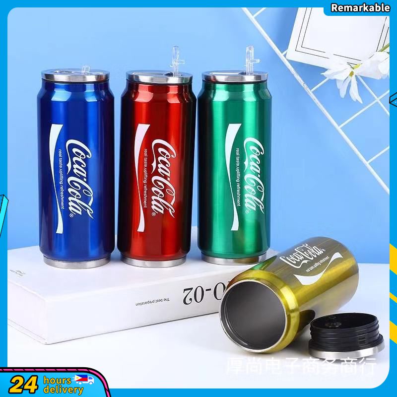 Bình Nước Giữ Nhiệt Bằng Thép Không Gỉ Có Ống Hút In Hình Lon Coca Sáng Tạo