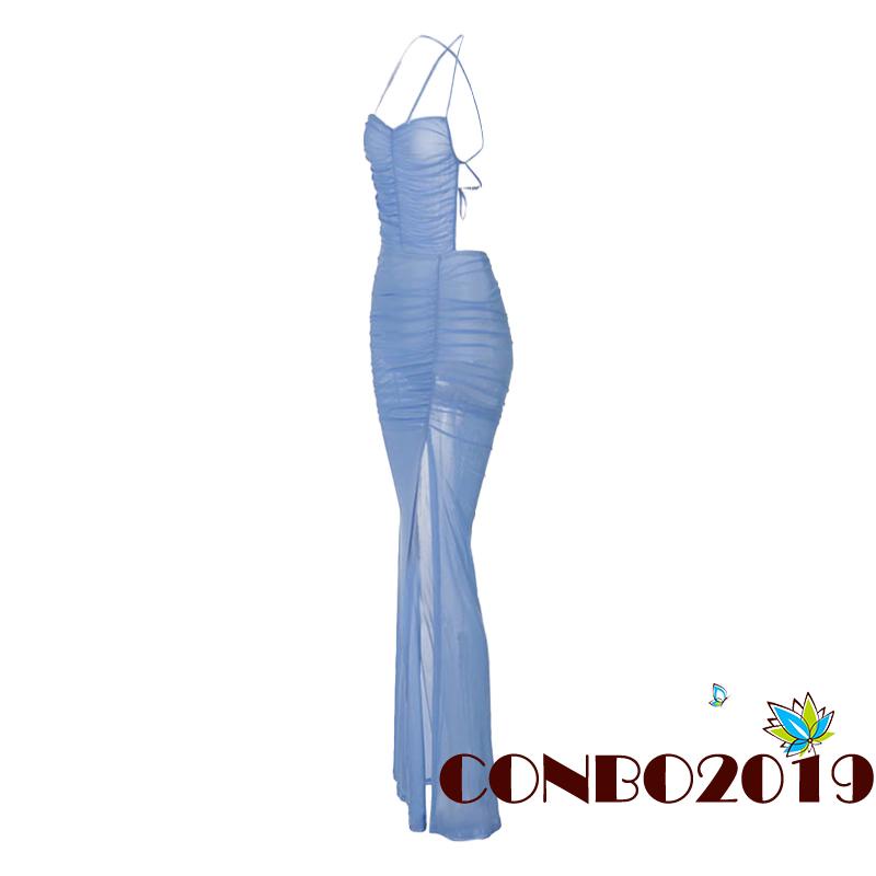 Hgm-đầm Dài Hai Dây Hở Lưng Xẻ Tà Phối Ren Dành Cho Nữ Đi Tiệc Cocktail