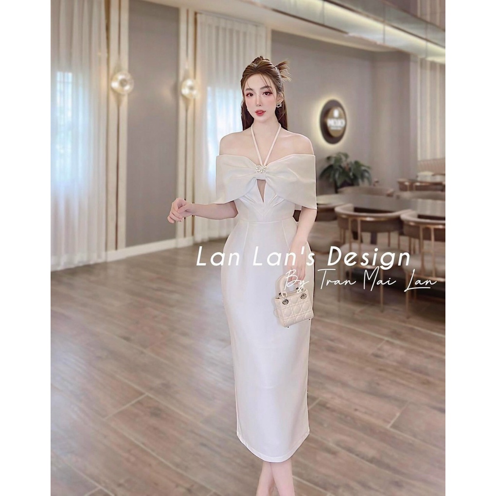 [3.3 Sales Freeship] Đầm nữ đi tiệc dáng dài, đầm thiết kế trễ vai nơ phối dây cổ khoét ngực chất tapda quyến rũ dx