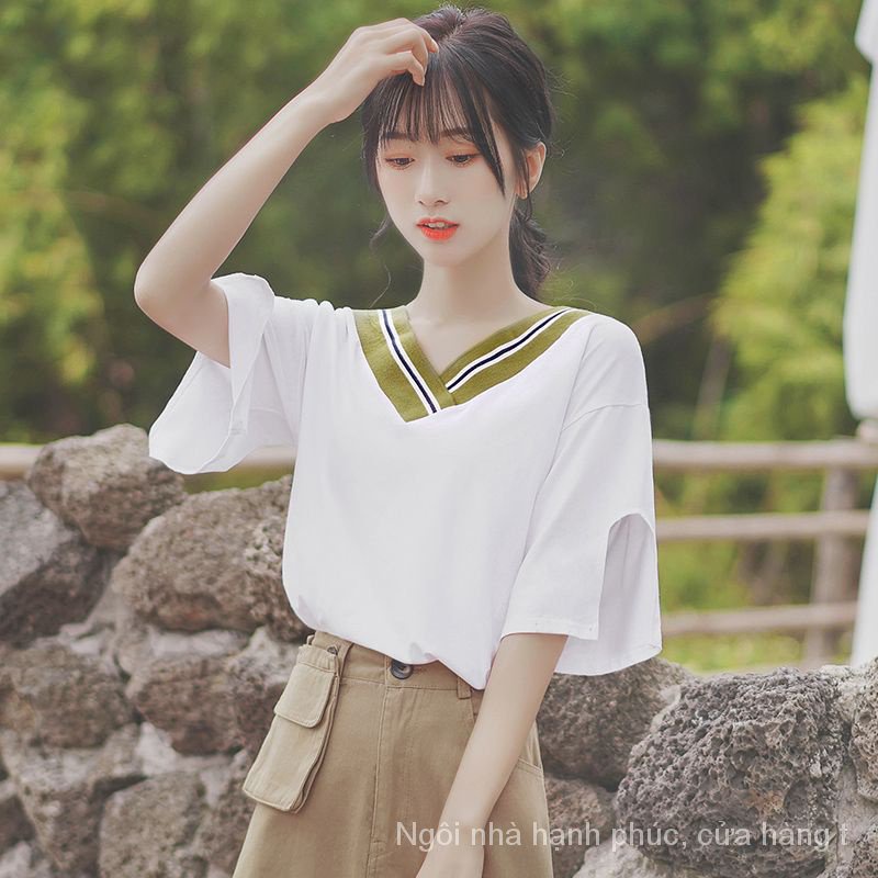 (Tại chỗ) Ngắn Tay Hàn Quốc mới Gió Hoang Dã Trắng Mùa xuân và mùa hè ngắn tay ÁO THUN Nữ sinh viên lỏng lẻo hit bao gồm bông tay CỔ V Áo sơ mi