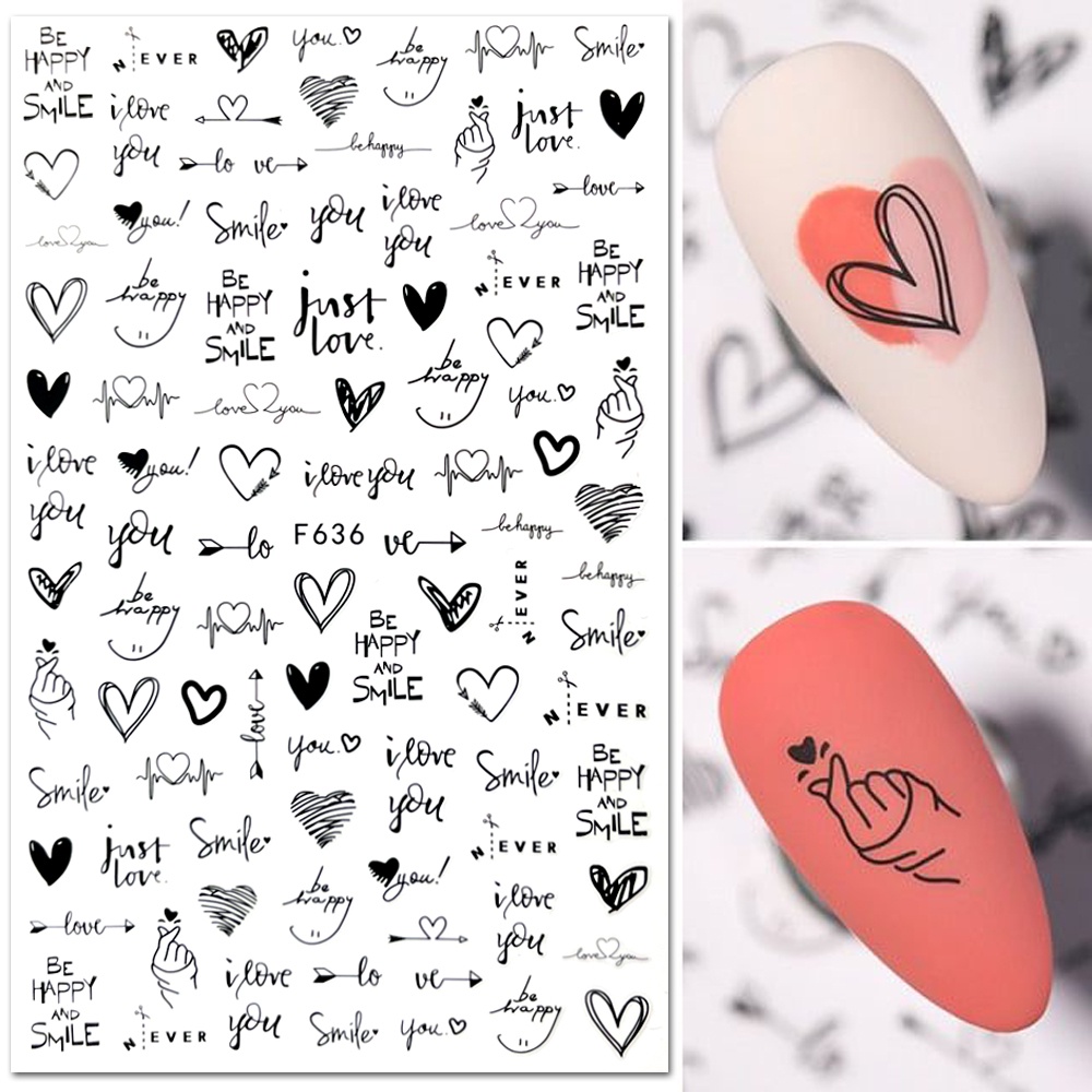 Bộ 10 Tấm Sticker Dán Móng Tay Họa Tiết Hình Học / Hoa Lá / Chữ Tiếng Anh Màu Trắng Đen