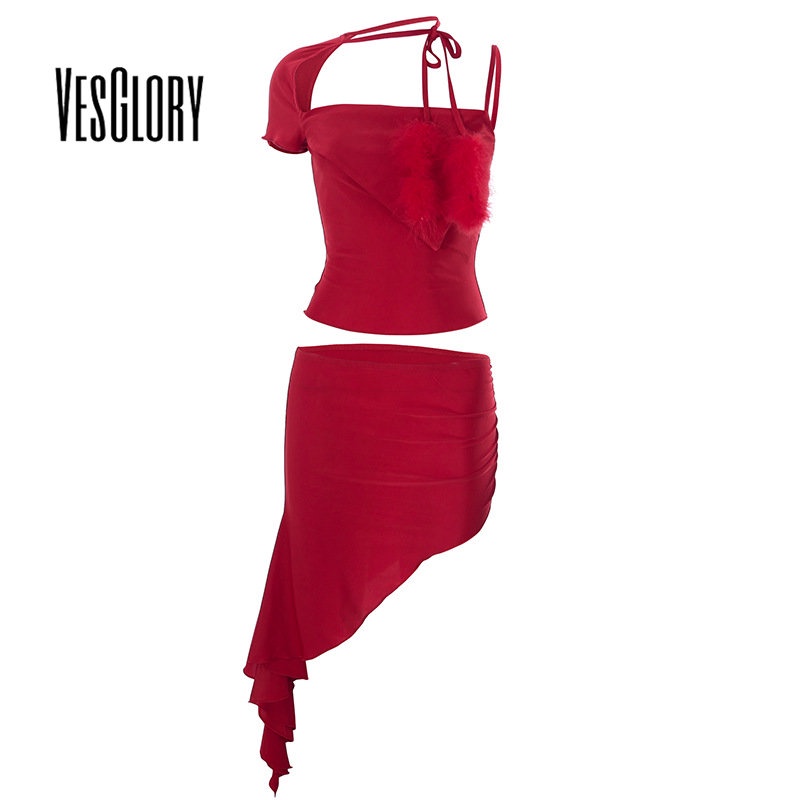 Vesglory Set Áo Thun Ngắn Tay Cổ Chữ U Và Chân Váy Ngắn Thời Trang Nữ Tính