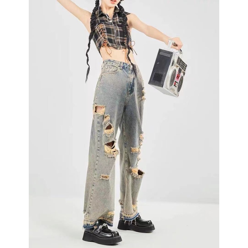 Quần Jeans Nữ Lưng Cao Ống Rộng Rách Gối Cá Tính