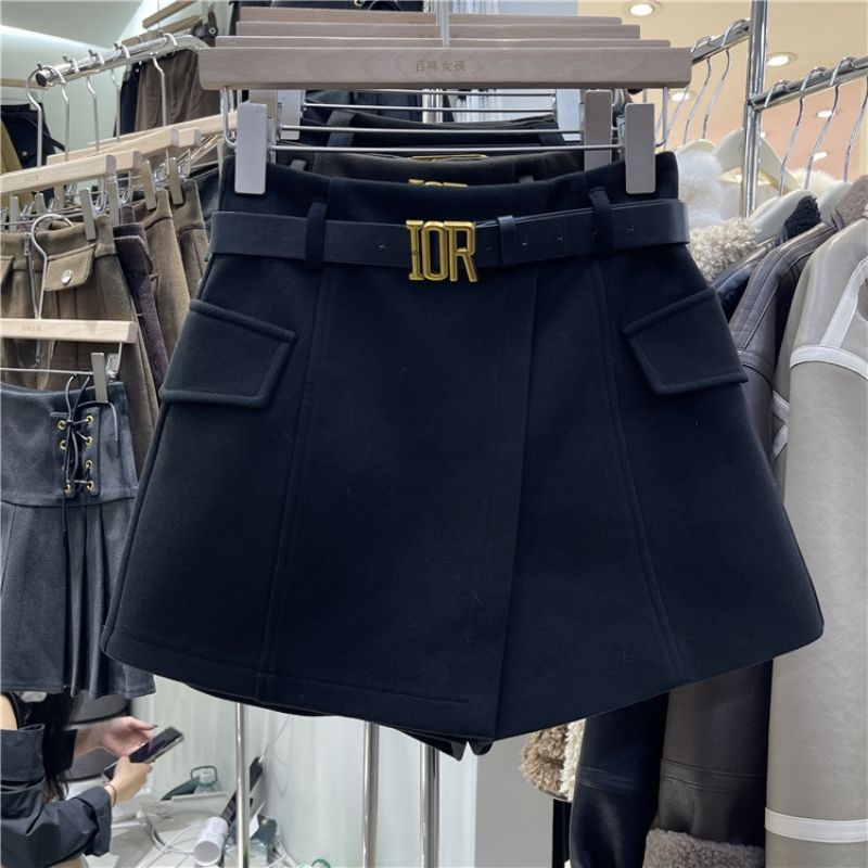 DIR-O 2023 Autumn New Fashion Korean style ins high waist covering flesh asymmetric a-shaped wide leg pants skirt slim and slim woolen fabric