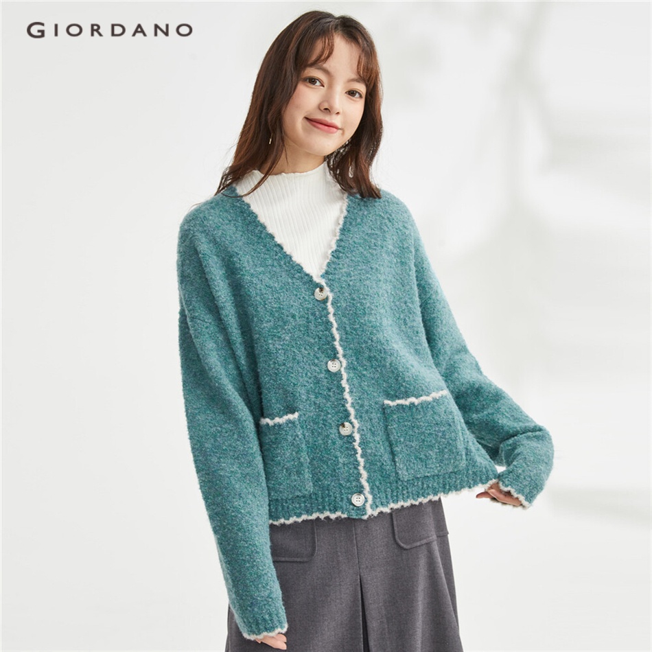 Áo khoác cardigan GIORDANO 18353201 cổ chữ V viền gợn sóng màu sắc tương phản cho nữ