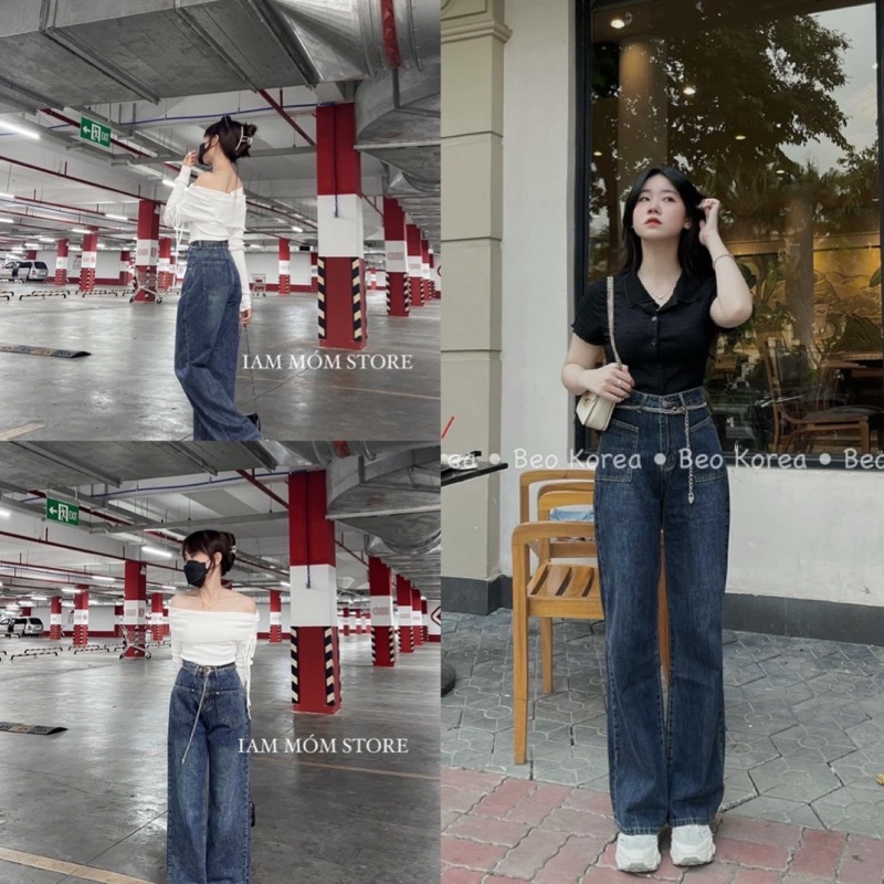 Quần jeans ống rộng túi hộp kèm dây xích #3188