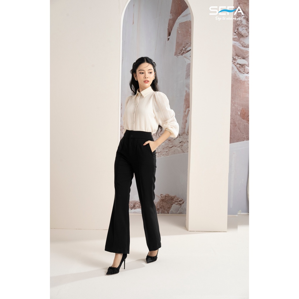 Quần ống vẩy SEFA lưng cao viền trước, ống loe, culottes màu đen