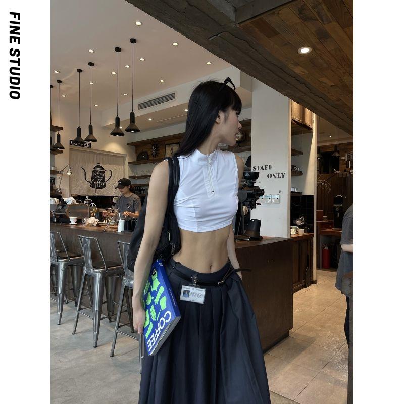 Fine STUDIO Áo Thun Ngắn Ôm Dáng Không Tay Cổ Đứng Có Khóa Kéo Nửa Thời Trang Mùa Hè Cho Nữ